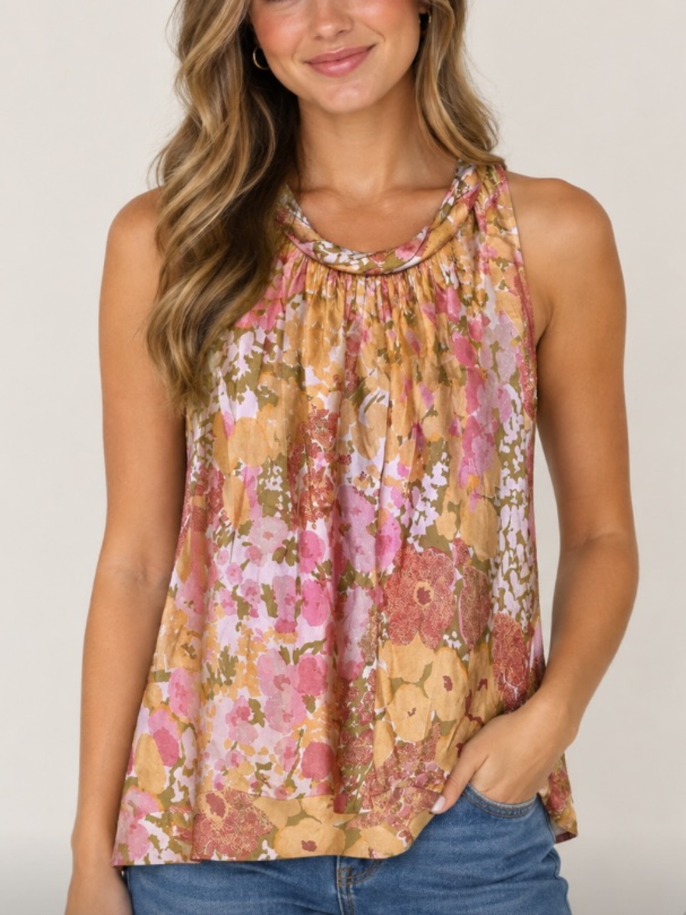 < NWT Talbots Peach/Pink Floral Twist Neck Tank Top >